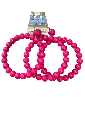 Hot Pink Beaded‎ Hoop Bracelets and Earrings Set